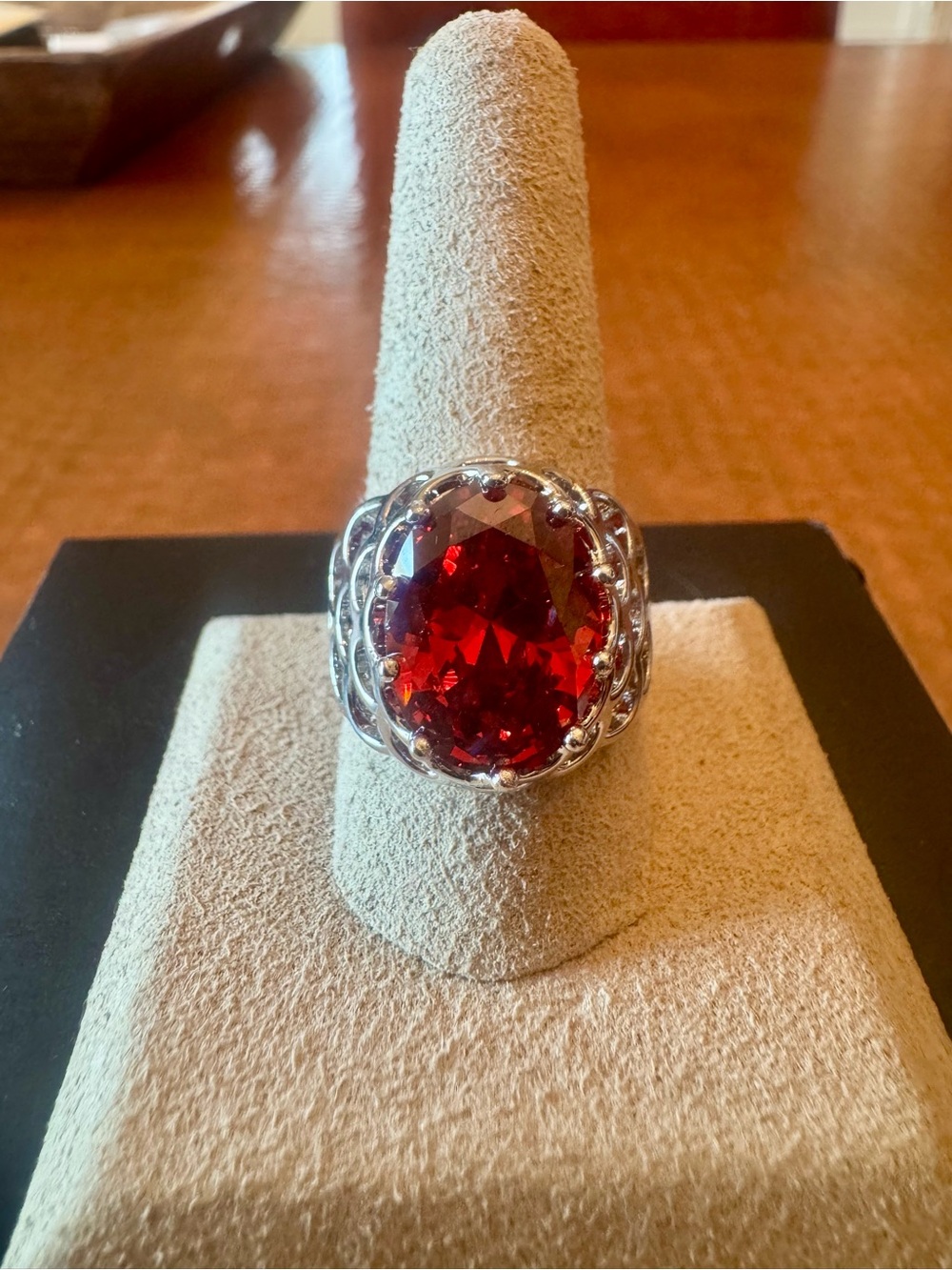 Sterling Silver Cocktail Ring with Deep Red Oval Gem